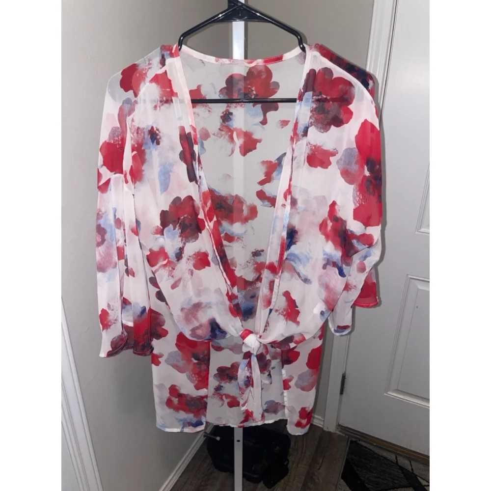 Peach Love Kimono Coverup Top Tie Front Floral Boho Festival Beach Summer OS